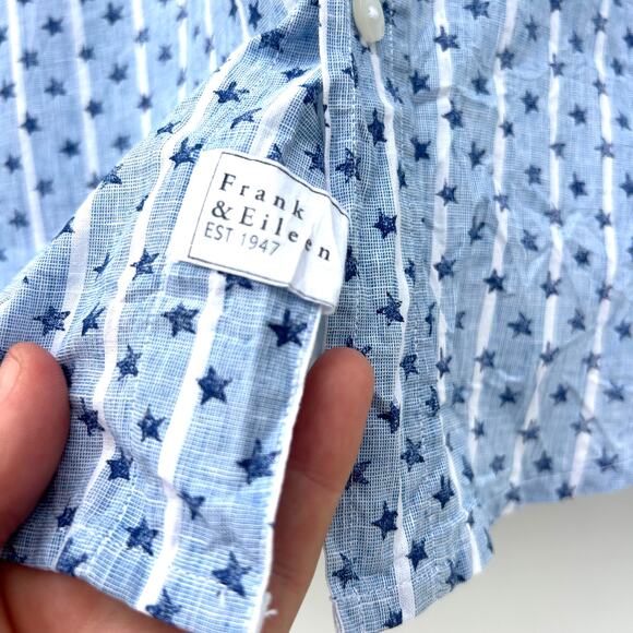 Frank & Eileen Barry Linen Button Down Blue Stars Stripes Small Shirt - Picture 5 of 8